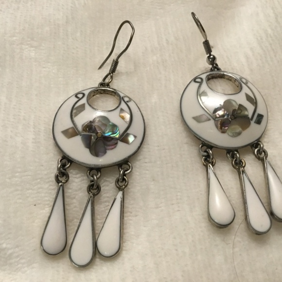 Vintage Alpaca Enamel and Abalone Shell Earrings - Picture 2 of 5